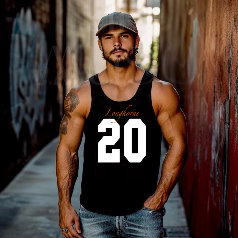 Longhorn Football Tank with large jersey number front & back, your last name, and a small Longhorn logo on the back.