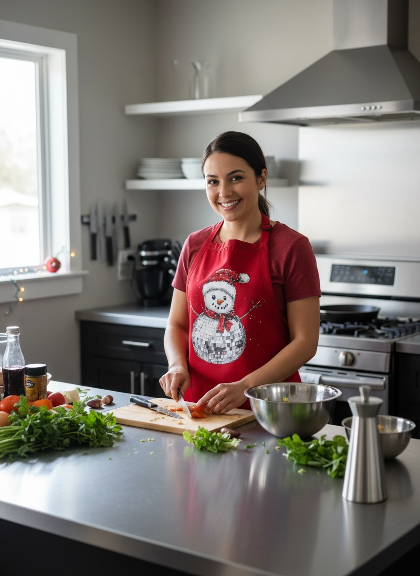 Disco Snowman Red Christmas Apron