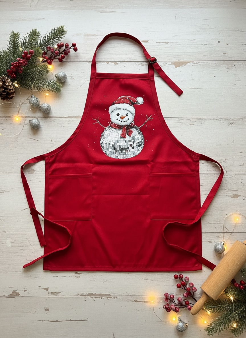 Disco Snowman Red Christmas Apron