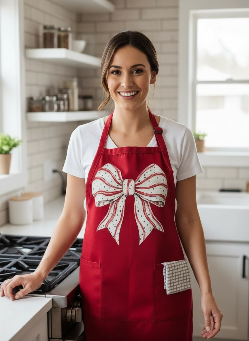 Red Christmas Bow Kitchen Apron